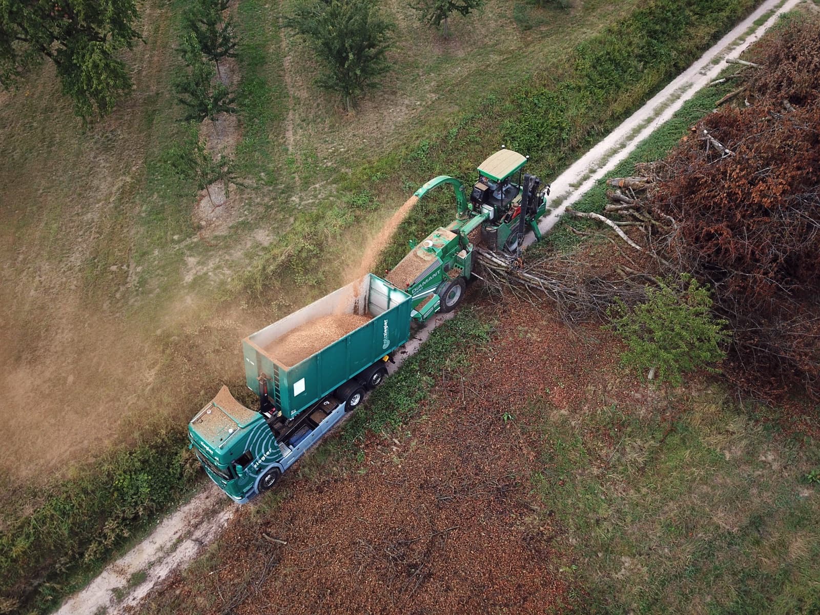 Luftaufnahme: Ein Hacker bläst Hackschnitzel in den Container eines Holz-Ziegler-LKW am Waldrand